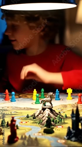 Child engaged in a board game, focused on strategy, with colorful pieces and a scenic game board