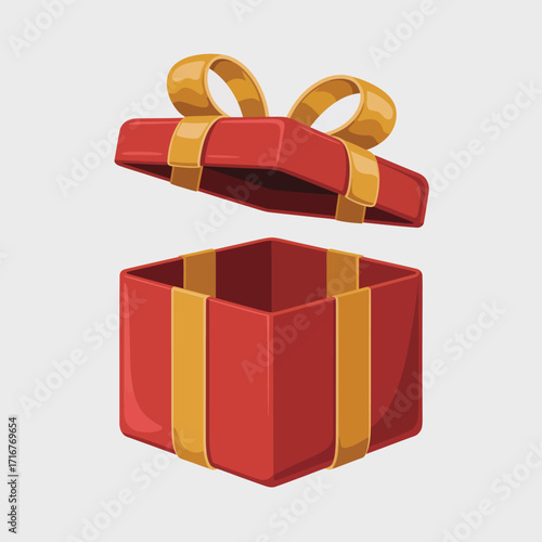 Open red gift box with golden ribbon and bow on a light background