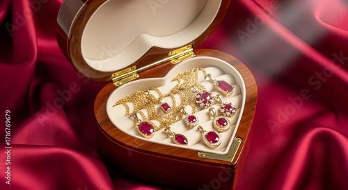 Ruby jewelry gold chain pendants heart shaped box on red silk luxury gems precious stones fine jewelry