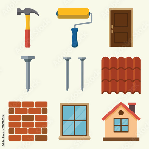 Collection of home renovation and construction tools and materials