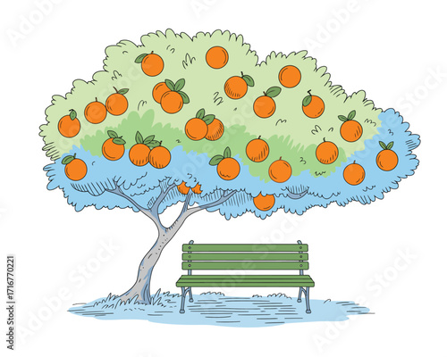 Illustration of a lush orange tree with ripe fruit and a park bench underneath