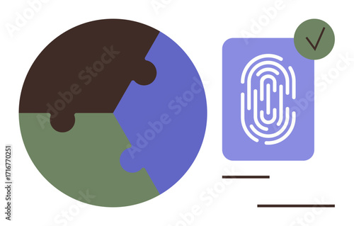 Circular puzzle globe merging colors and a fingerprint ID card with a verification checkmark. Ideal for security, identity, technology, global connectivity, authentication, access, innovation. Simple
