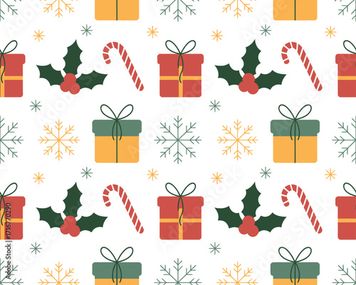 Festive christmas pattern with gifts candy canes and holly leaves