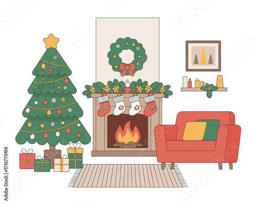 Cozy christmas living room scene with decorated tree fireplace and armchair