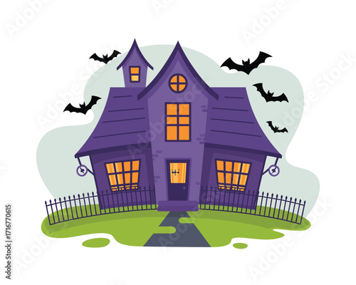 Spooky purple haunted house with bats flying around on halloween night