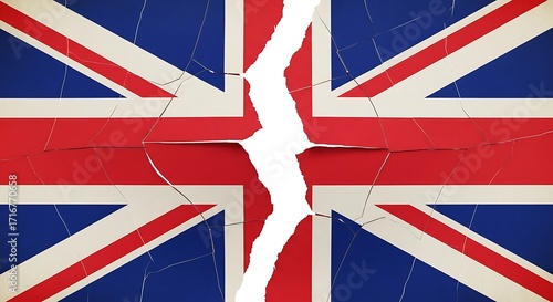 Union jack flag torn apart symbolizing division political strife and national crisis