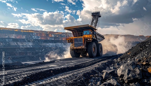 Massive mining dump truck driving through open-pit mine with exposed earth and dusty atmosphere.