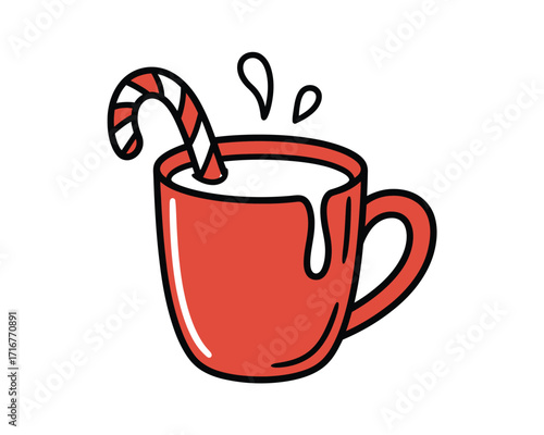 Festive red mug filled with milk and a candy cane