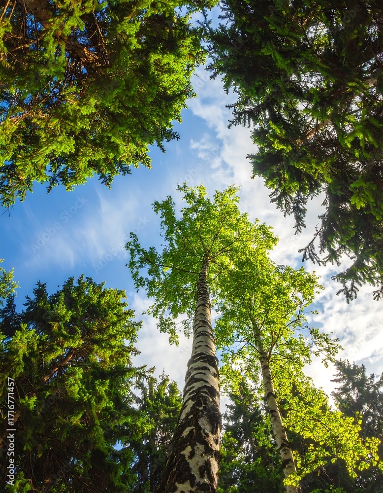 Fototapeta premium A vibrant forest canopy, reaching towards a bright, partly cloudy sky, showcasing tall trees and lush greenery.