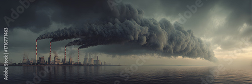 Environmental Crisis: Atmospheric pollution and environmental degradation over water, representing a stark visual of industrial activity's impact.