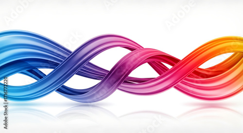 A vibrant design featuring swirling ribbons of multicolored hues, creating a dynamic and energetic composition against a clean white background.