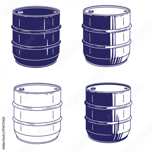 Four ink drawn oil barrels in varying shades of dark blue and white against a background