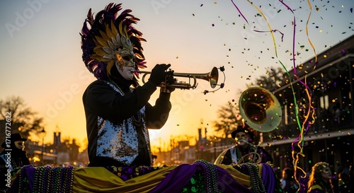 Mardi gras celebration with trumpet player in mask and confetti at sunset parade in new orleans louisiana
