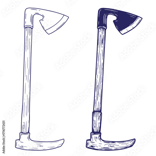 Hand drawn illustration of a vintage axe and a hooked tool with wooden handles