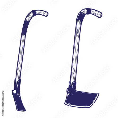 Hand drawn illustrations of two agricultural gardening hoe tools on a white background