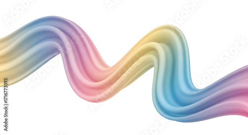 A dynamic, abstract design featuring flowing, rainbow-hued ribbons against a stark white background.