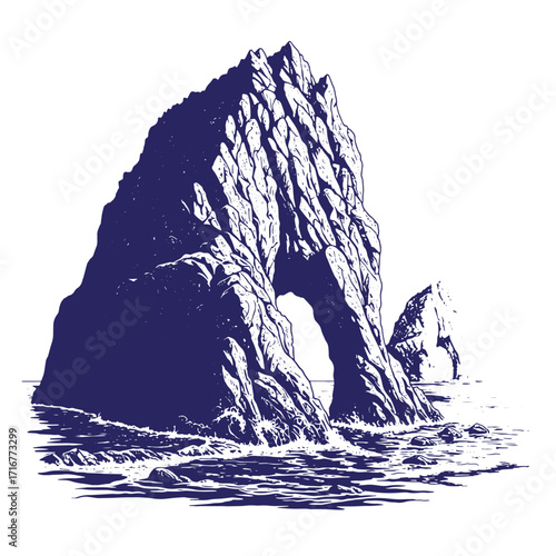 Intricate linework illustration of a coastal rock formation with natural archway and ocean elements