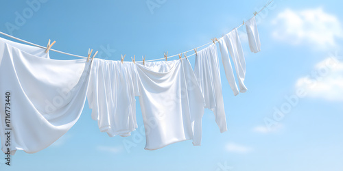 Laundry Day: Clean, crisp white clothes hanging gracefully on a clothesline against a vibrant blue sky, evoking a sense of freshness and simplicity.