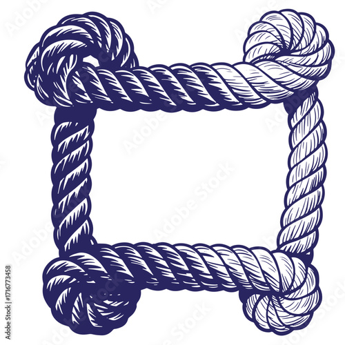 Intricate navy blue rope border frame with stylized nautical knots on a white background