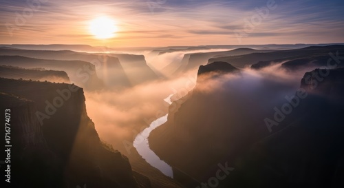 Majestic Waterfall Canyon Sunrise Landscape.