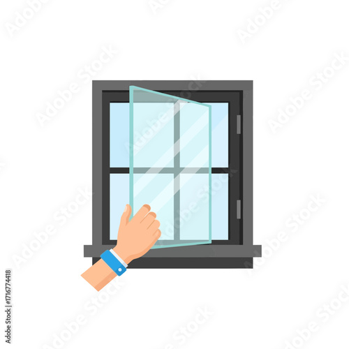 Hand opening window pane in modern flat design illustration  