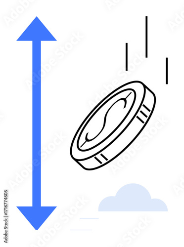 Single coin mid-flip, falling with motion lines next to a blue vertical double arrow symbolizing fluctuation. Ideal for decision-making, chance, risk, uncertainty, financial change, choice, simple