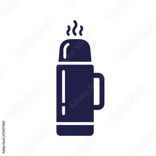 Stainless steel thermos with steam on a minimalist background  