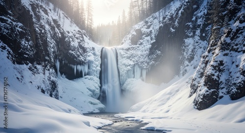 Majestic Winter Waterfall Frozen Landscape Nature Scene.