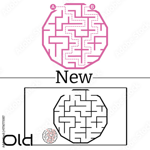 Illustration with labyrinth, maze conundrum for kids. Baby puzzle with entry and exit. Children puzzle game. New and old for labyrinth.
