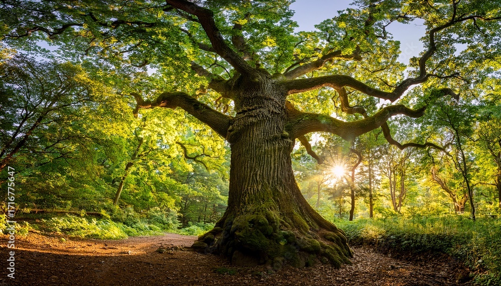 Fototapeta premium Sunlight Filters Through The Canopy Illuminating The Textured Bark Of An Ancient Oak Tree In A Tranquil Forest Setting