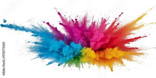 Vector abstract colorful rainbow holi paint and colorful cloud smoke powder explosion isolated on transparent wide panorama background.	