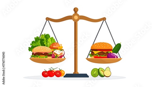A healthy balanced diet versus an unhealthy, unbalanced one is depicted using a scale, highlighting the difference between the two.