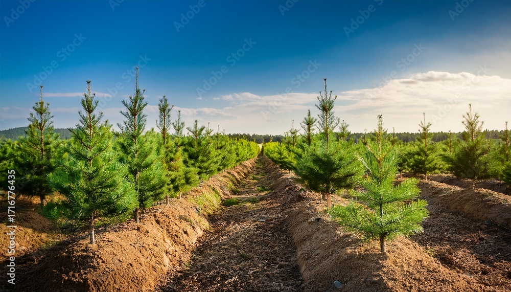 Obraz premium Saplings Pine Tree Nursery Landscape