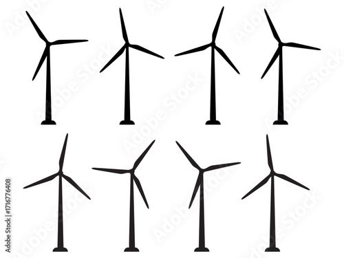 Three-bladed wind generator, green energy, black factory silhouette on a transparent background, vector stencil set