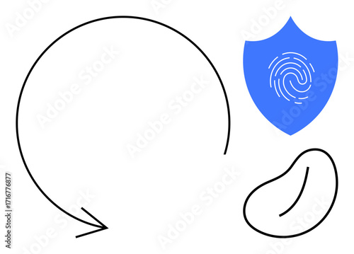 Circular arrow signifies continuity, blue shield with fingerprint indicates data security, bean-shaped object suggests connection. Ideal for technology, digital identity, data protection, encryption