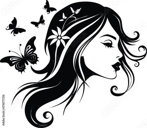 Silhouette of a woman with butterflies and floral hair design