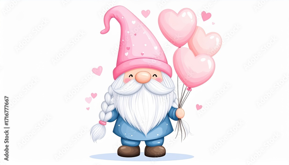 Obraz premium A little cute cartoon gnome with a pink hat and a long white beard holds a bunch of balloons in the shape of hearts against a white background. Holiday and love atmosphere