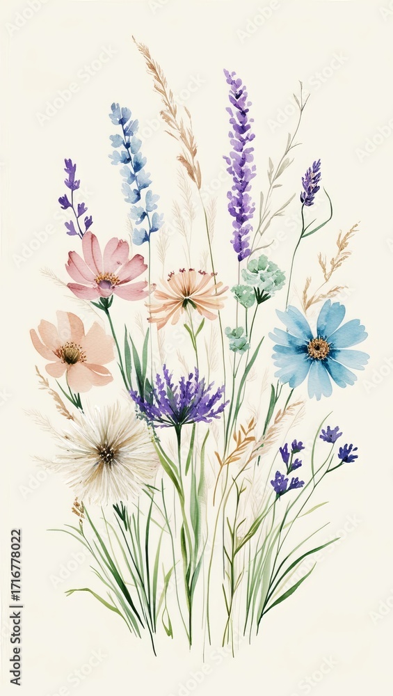 Naklejka premium Soft Watercolor Wildflower Illustration in Pastel Shades on Light Background
