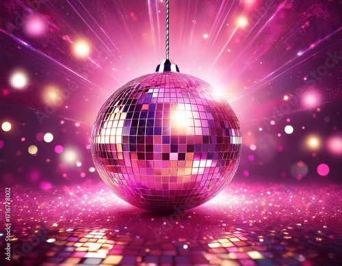 disco ball with a pink glittery background and lighting high definition photographic image perfect for party themes and celebrations
