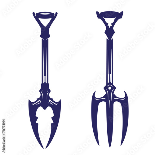 Two stylized dark blue spade and pitchfork designs on a crisp white background