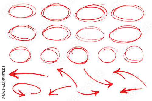 Set of hand-drawn red circles and arrows, doodle circles for a message note mark design element, Hand-drawn circle and arrow line for highlighting text.