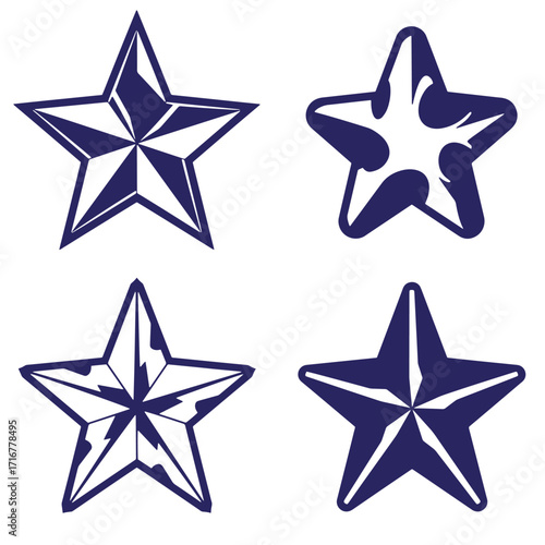 Vector illustration collection of navy blue star shapes with different decorative designs