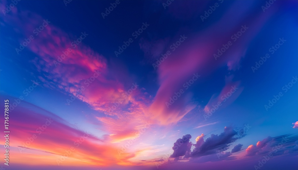 Obraz premium Vivid Sky Gradient With Soft Clouds Transitioning From Deep Blue Through Purple And Pink To Warm Orange