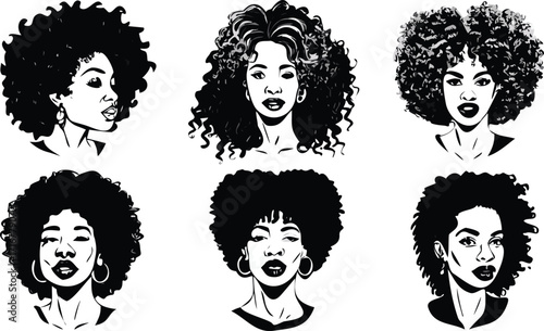 Diverse Black Women Portraits Afro Hairstyles Vector Graphics Collection