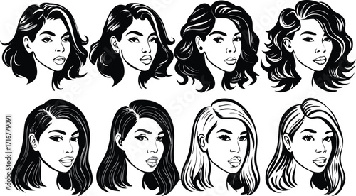 Diverse Women Portraying Elegant Hairstyles Artistic Black and White Line Art Portrait