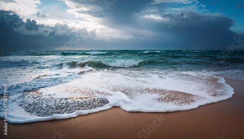 Sea Tide Before Storm Wave Splash With Foam On Wet Sandy Beach Windy Weather On Velvet Season Dramatic Seascape Background