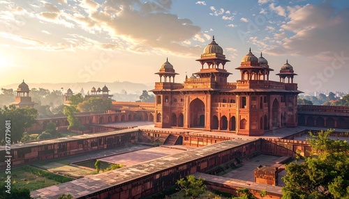 Ancient red sandstone mosque at sunrise