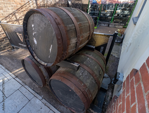 Traditional wooden casks and beer barrels