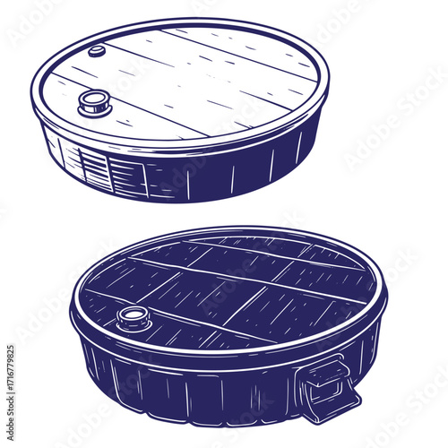 Vintage ink style illustrations of two different wooden barrels isolated on white background