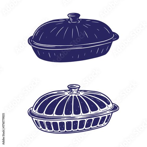 Vintage style hand drawn illustrations of two oval casserole dishes with lids